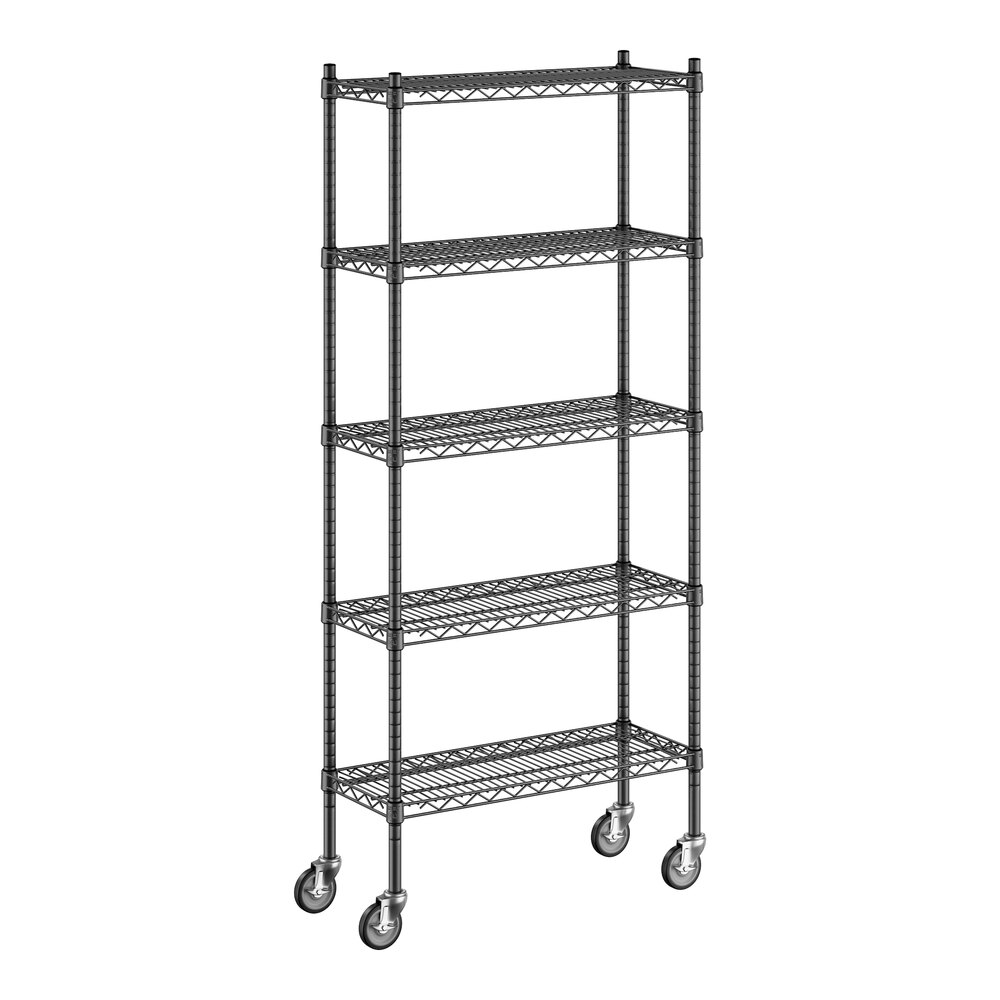 Regency 12" x 30" x 70" NSF Black Epoxy Mobile Wire Shelving Starter Kit with 5 Shelves