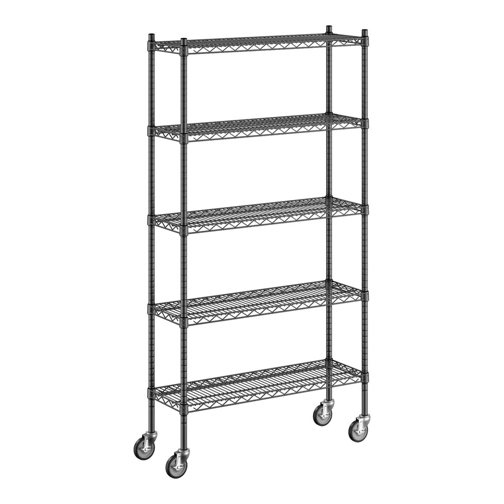 Regency 12" x 36" x 70" NSF Black Epoxy Mobile Wire Shelving Starter Kit with 5 Shelves