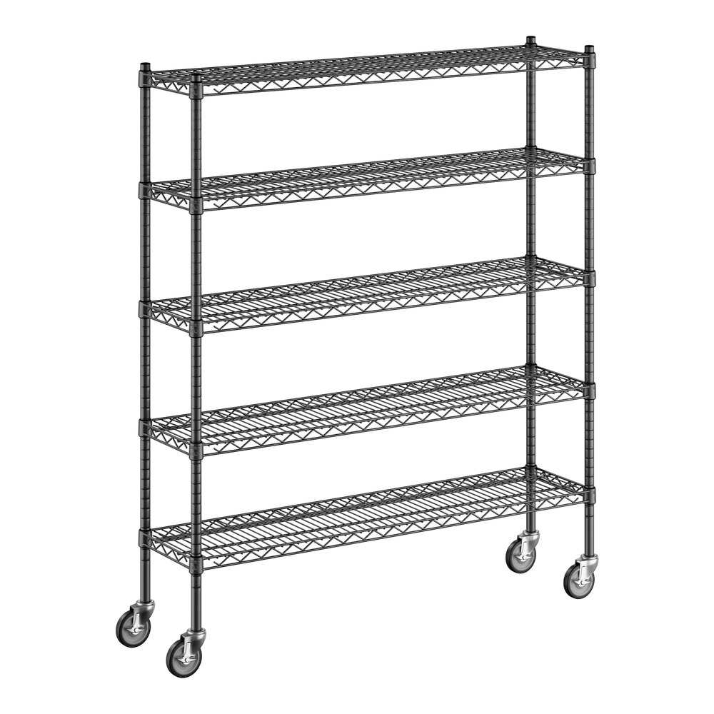 Regency 12" x 48" x 60" NSF Black Epoxy Mobile Wire Shelving Starter Kit with 5 Shelves