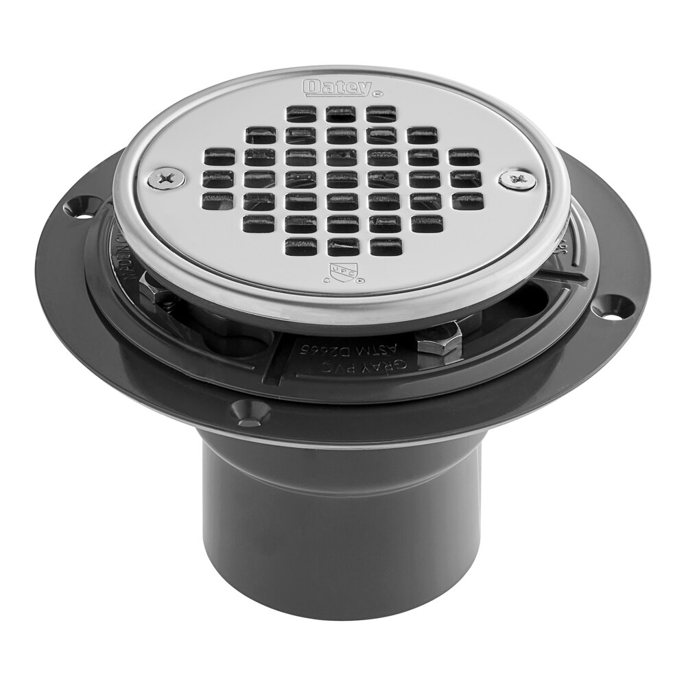 Oatey 42271 130 Series PVC Shower Drain with 4 3/8" Round Stainless Steel Screw-In Strainer, Test Plug, and 2" - 3" Outlet