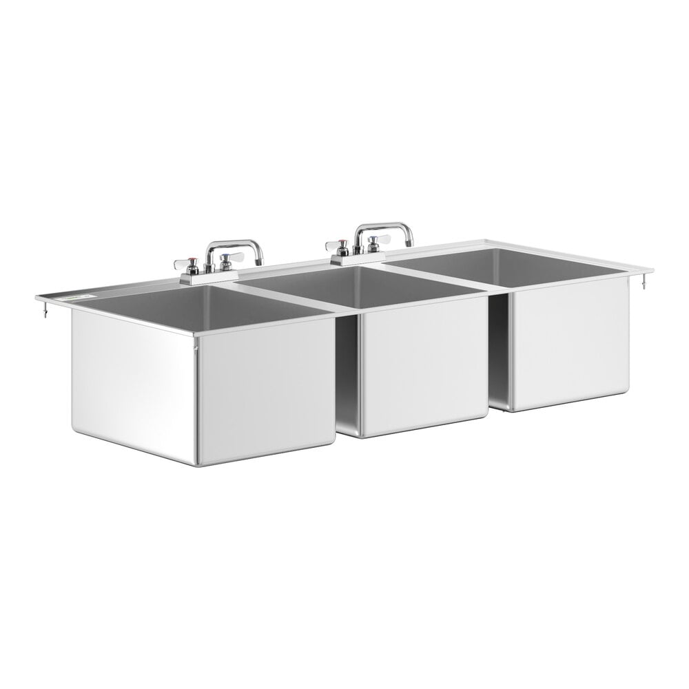Regency 16" x 20" x 12" 16-Gauge Stainless Steel Three Compartment Drop-In Sink with (2) 8" Swing Faucets