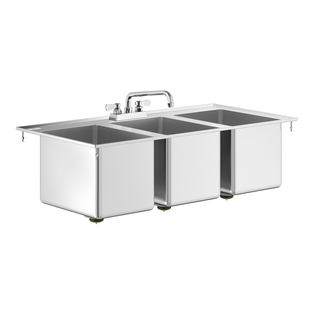 Regency 10" x 14" x 10" 16-Gauge Stainless Steel Three Compartment Drop-In Sink with 10" Swing Faucet