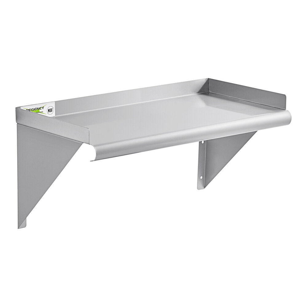 Regency 12" x 24" 18 Gauge Stainless Steel Solid Wall Shelf with Backsplash and Rolled Edges