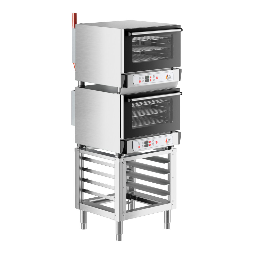 Cooking Performance Group COH-D3-A Double Stacked Electric Digital 3 Tray Half Size Convection Oven with Moisture Injection and Stand - 120V