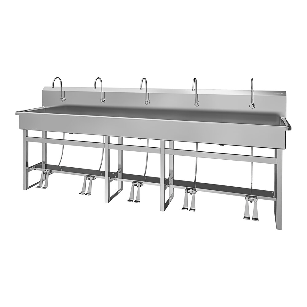 Sani-Lav 510FS 100" x 20" Floor-Mounted Multi-Station Hands-Free Sink with 5 Double Foot-Operated 2.0 GPM Faucets