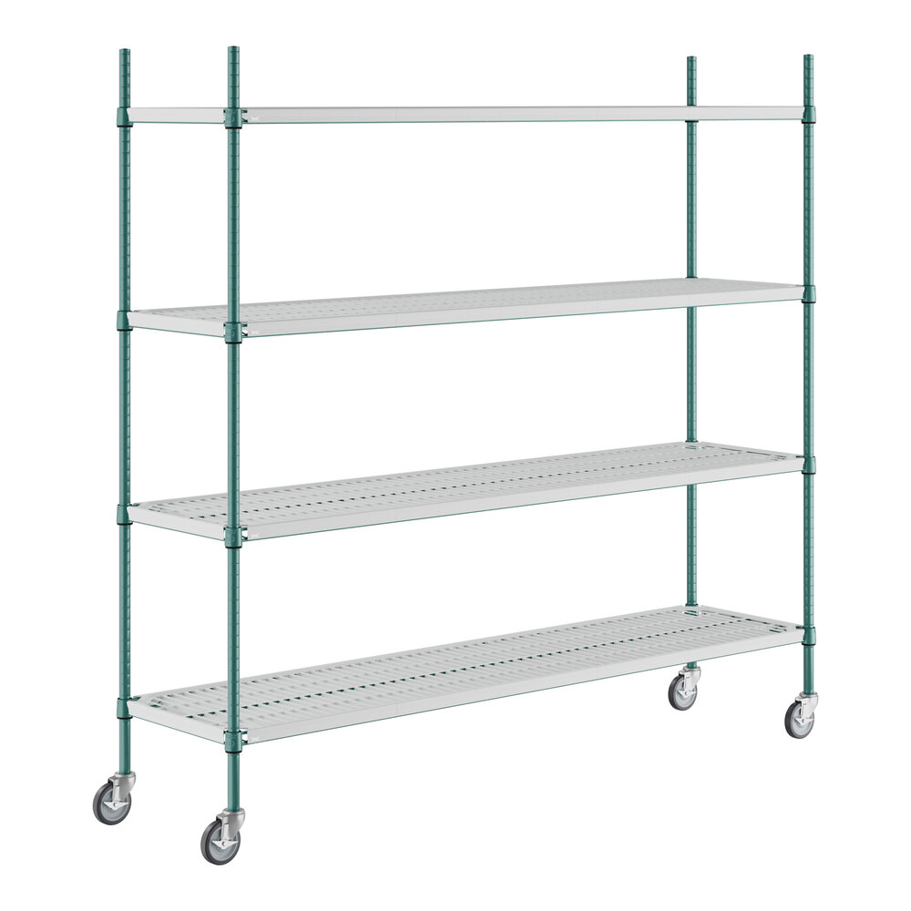 Regency+ 18" x 72" Green Epoxy Polymer Drop Mat 4-Shelf Kit with 64" Posts and Casters