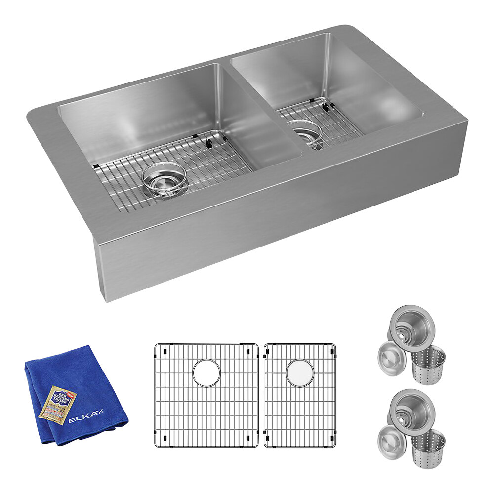 Zurn Elkay ECTRUF32179RC Crosstown 35 7/8" x 20 1/4" Stainless Steel Two Compartment Undermount Farmhouse Sink Kit with Microfiber Towel and Cleanser