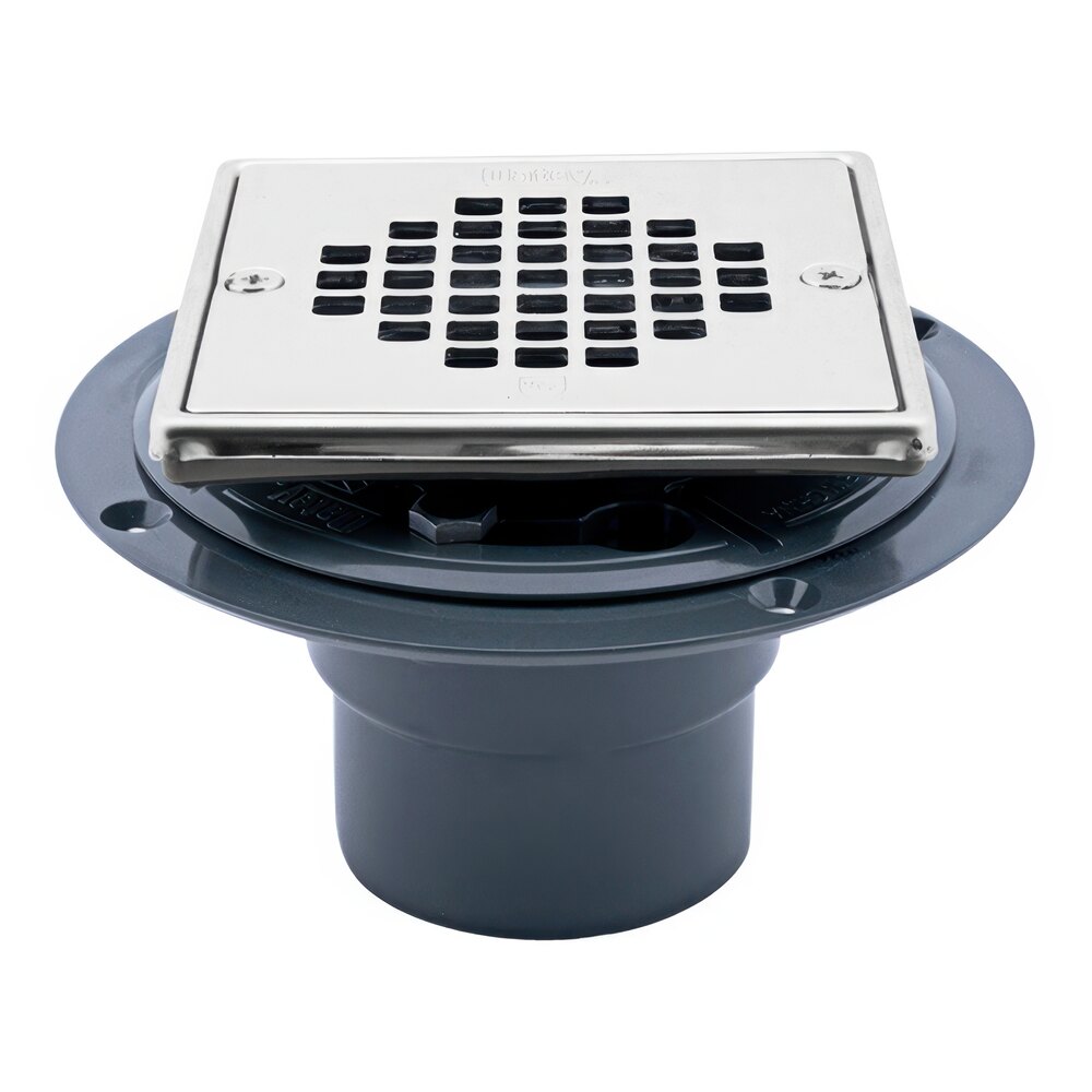 Oatey 42273 130 Series PVC Shower Drain with 4 1/4" Square Stainless Steel Screw-In Strainer, Test Plug, and 2" - 3" Outlet
