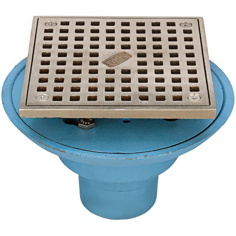 Zurn Elkay FD2254-NH2-S5 Adjustable Cast Iron Floor Drain with 5 3/16" Square Nickel Bronze Strainer and No-Hub Outlet