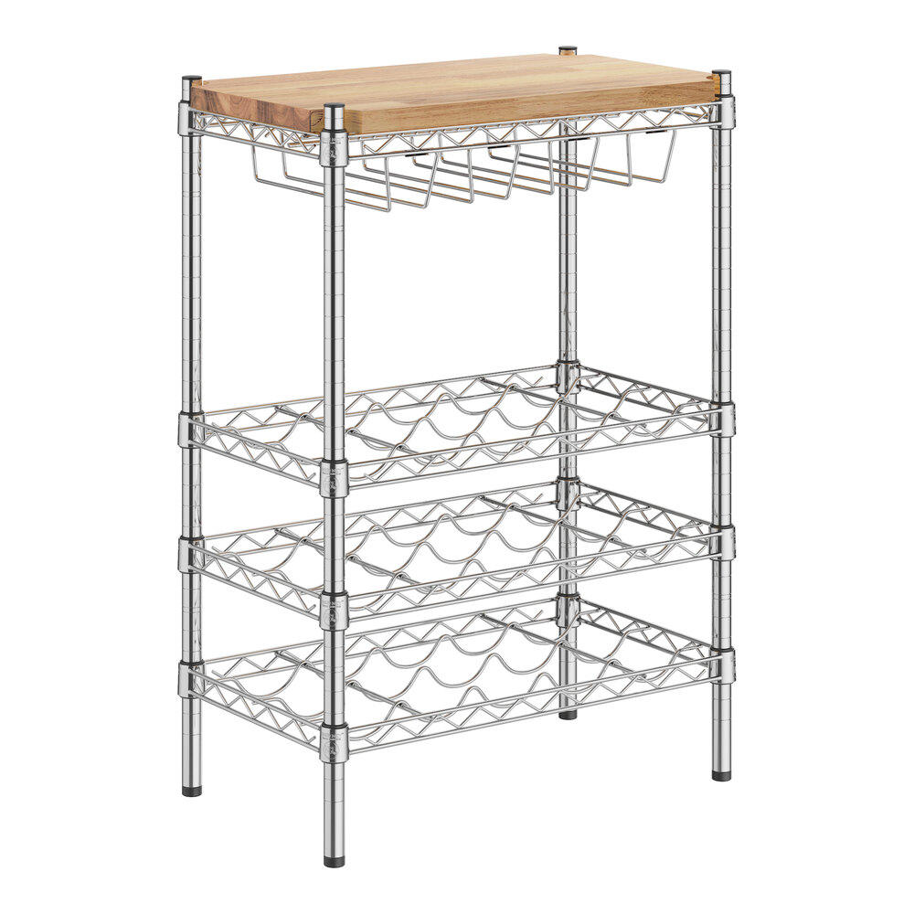 Regency 14" x 24" 3 Shelf 15-Bottle Wire Wine Rack with 34" Posts and Hardwood Top