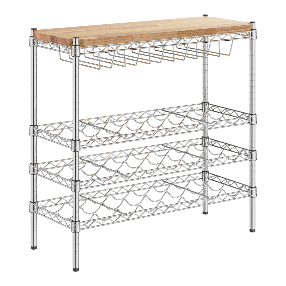 Regency 14" x 36" 3 Shelf 24-Bottle Wire Wine Rack with 34" Posts and Hardwood Top