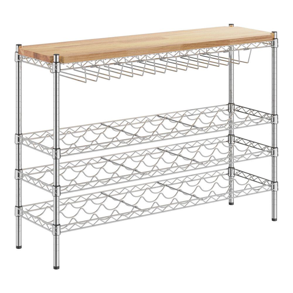 Regency 14" x 48" 3 Shelf 33-Bottle Wire Wine Rack with 34" Posts and Hardwood Top