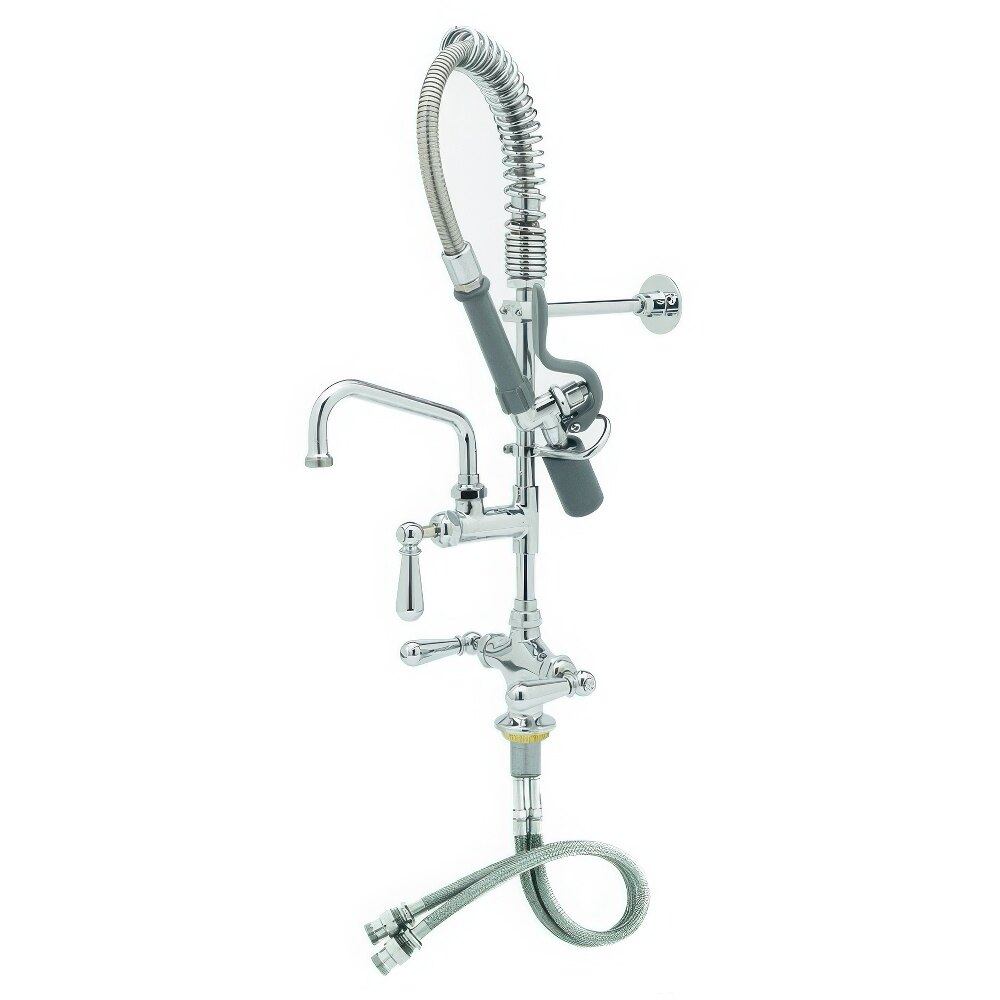 T&S MPW-2DCN-06 EasyInstall Deck Mounted 24 3/4" High Mini Pre-Rinse Faucet with Flex Inlets, Angled Low Flow Spray Valve, Club Handles, 24" Hose, 6" Add-On Faucet, and 6" Wall Bracket