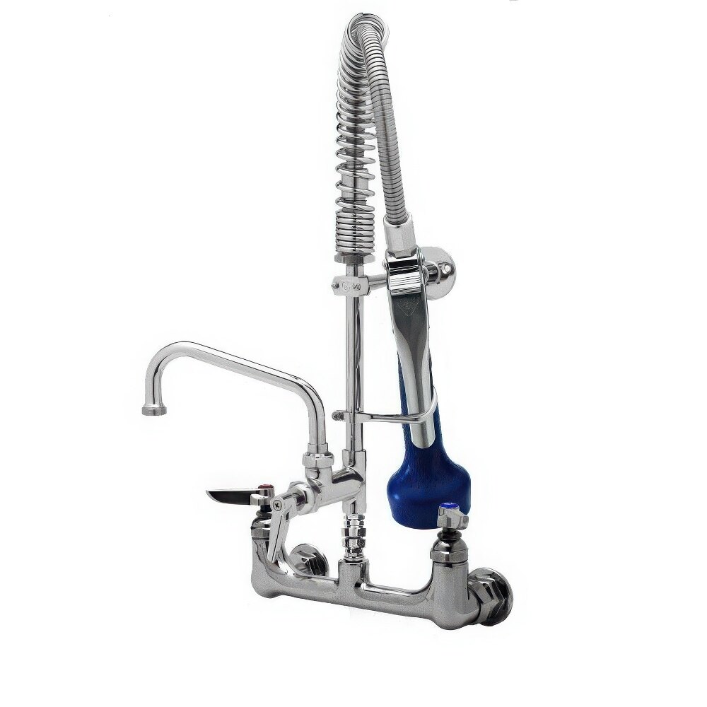 T&S MPQ-8WLV-08-CR EasyInstall Wall Mounted 21" High Mini Pre-Rinse Faucet with Adjustable 8" Centers, Ergonomic Low Flow Spray Valve, 24" Hose, 8" Add-On Faucet, Vacuum Breaker, and 6" Wall Bracket