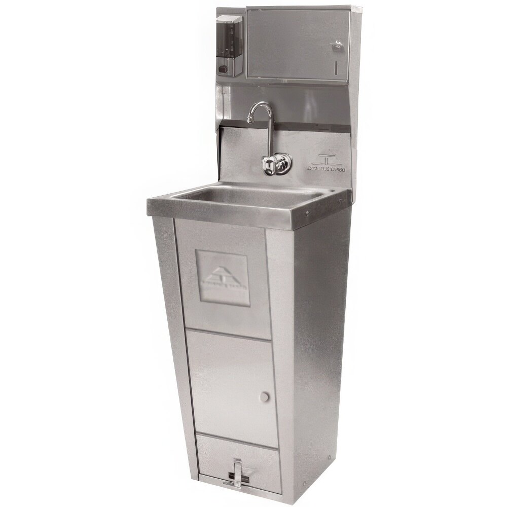 Advance Tabco 7-PS-99 Hands Free Hand Sink with Pedestal Base, Soap and Towel Dispenser, and Trash Bin