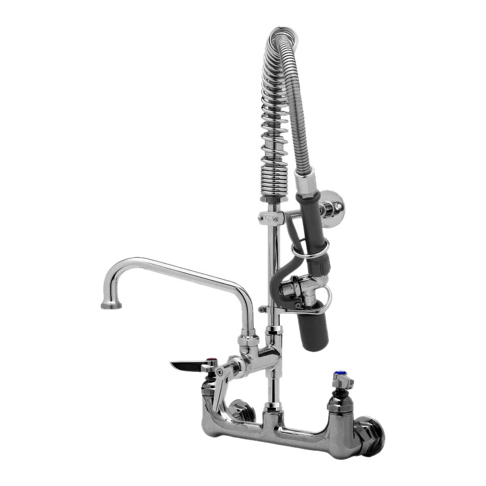 T&S MPY-8WLV-08-CR EasyInstall Wall Mounted 21 1/4" High Mini Pre-Rinse Faucet with Adjustable 8" Centers, Low Flow Spray Valve, 24" Hose, 8" Add-On Faucet, Vacuum Breaker, and 6" Wall Bracket