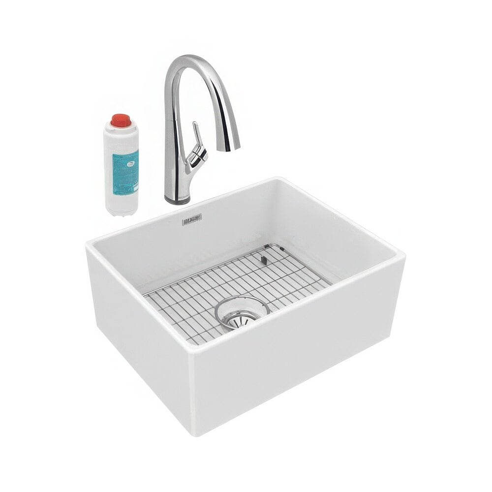Zurn Elkay SWUF2520WHFLC 24 7/16" x 19 11/16" White Fireclay Single Bowl Farmhouse Sink Kit with Filtered Faucet