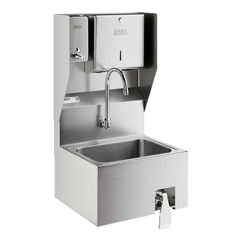 Regency 17" x 15" Wall Mounted Hands-Free Hand Sink with Knee Operated Valve and Top Mounted Paper Towel and Soap Dispenser