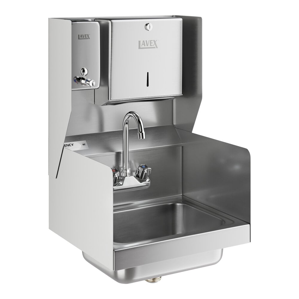 Regency 17" x 15" Wall Mounted Hand Sink with Side Splashes, Top Mounted Paper Towel, and Soap Dispenser