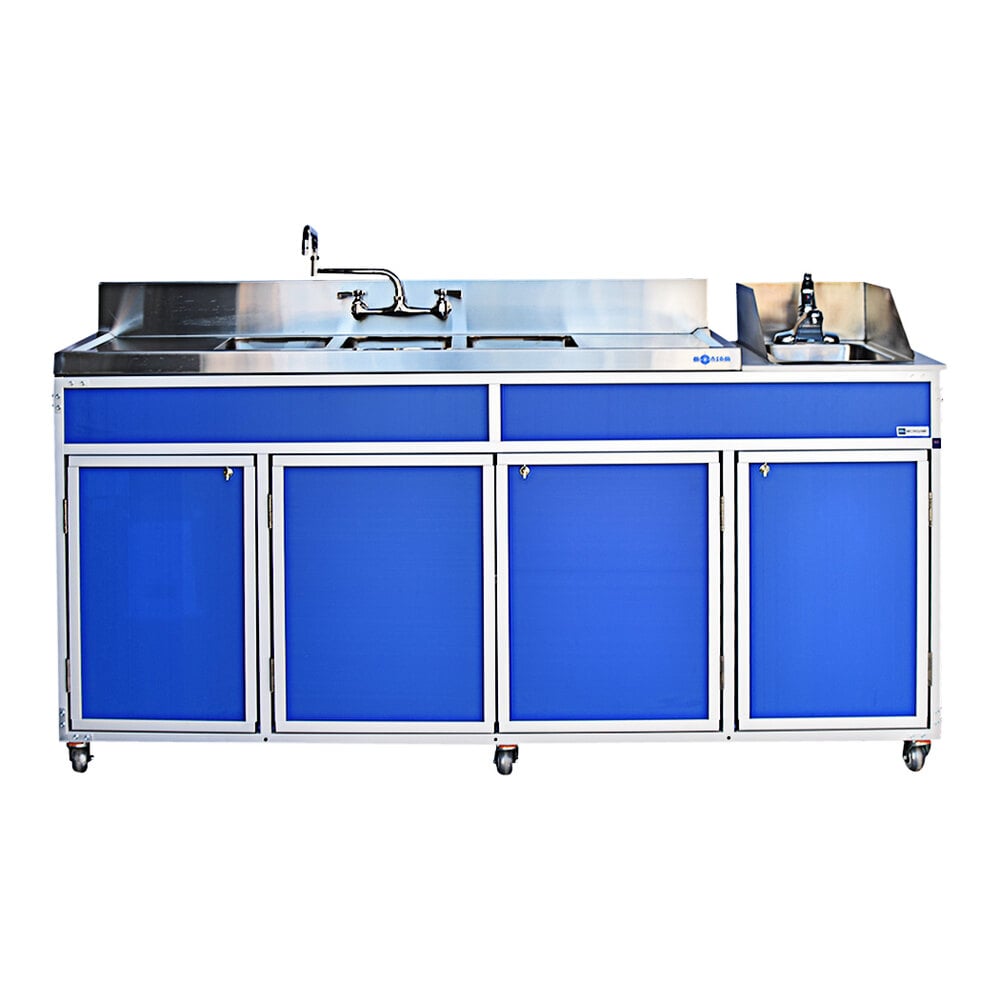 Monsam NS-004DB-BLUE Blue Four Basin Portable Self-Contained Sink with 2 Drainboards