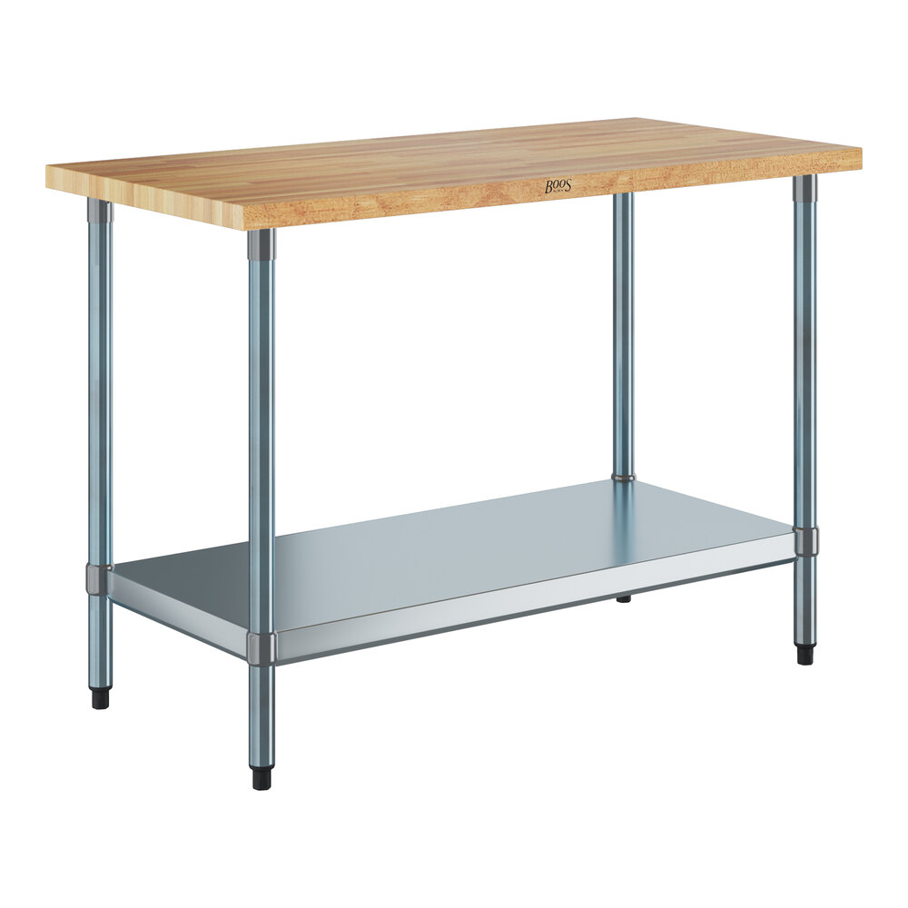 John Boos & Co. JNS02 Wood Top Work Table with Galvanized Base and Adjustable Undershelf - 24" x 48"