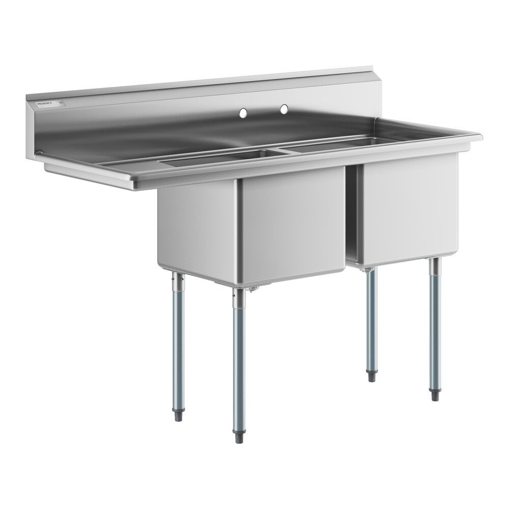 Regency 58 1/2" 16 Gauge Stainless Steel Two Compartment Commercial Sink with Galvanized Steel Legs and 1 Drainboard - 18" x 18" x 14" Bowls - Left Drainboard