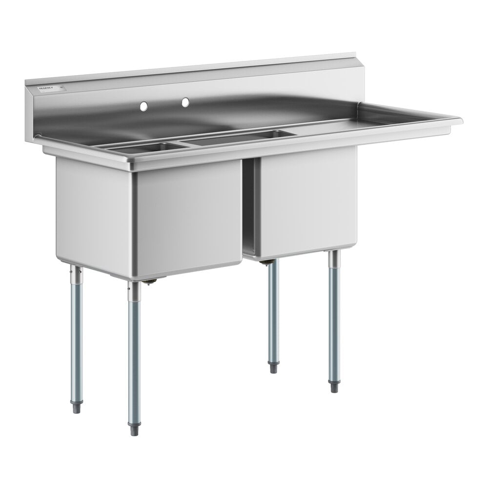 Regency 58 1/2" 16 Gauge Stainless Steel Two Compartment Commercial Sink with Galvanized Steel Legs and 1 Drainboard - 18" x 18" x 14" Bowls - Right Drainboard