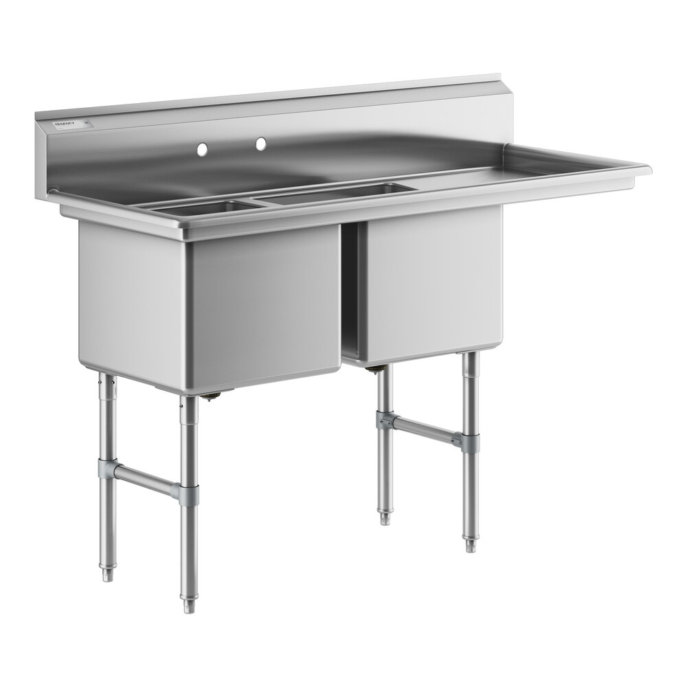 Regency 58 1/2" 16 Gauge Stainless Steel Two Compartment Commercial Sink with Stainless Steel Legs, Cross Bracing, and 1 Drainboard - 18" x 18" x 14" Bowls - Right Drainboard