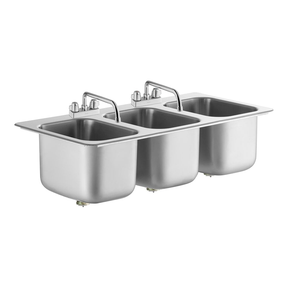 Regency 10" x 14" x 10" 20 Gauge Stainless Steel Three Compartment Drop-In Sink with (2) 12" Swing Faucets
