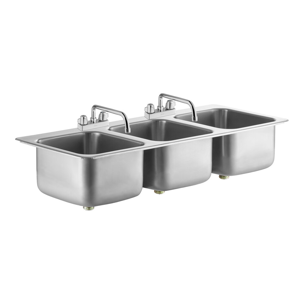 Regency 14" x 16" x 10" 20 Gauge Stainless Steel Three Compartment Drop-In Sink with (2) 12" Swing Faucets