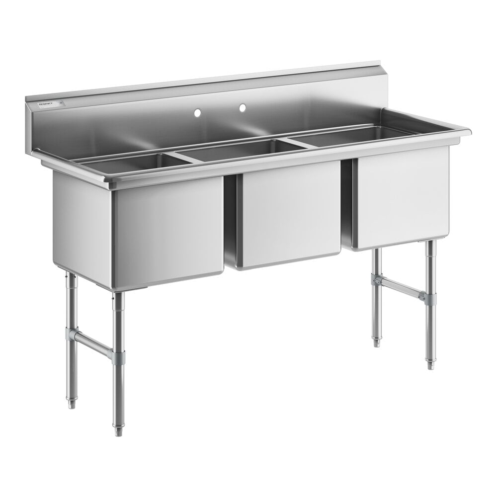 Regency 63" 16 Gauge Stainless Steel Three Compartment Commercial Sink with Stainless Steel Legs and Cross Bracing - 18" x 18" x 14" Bowls