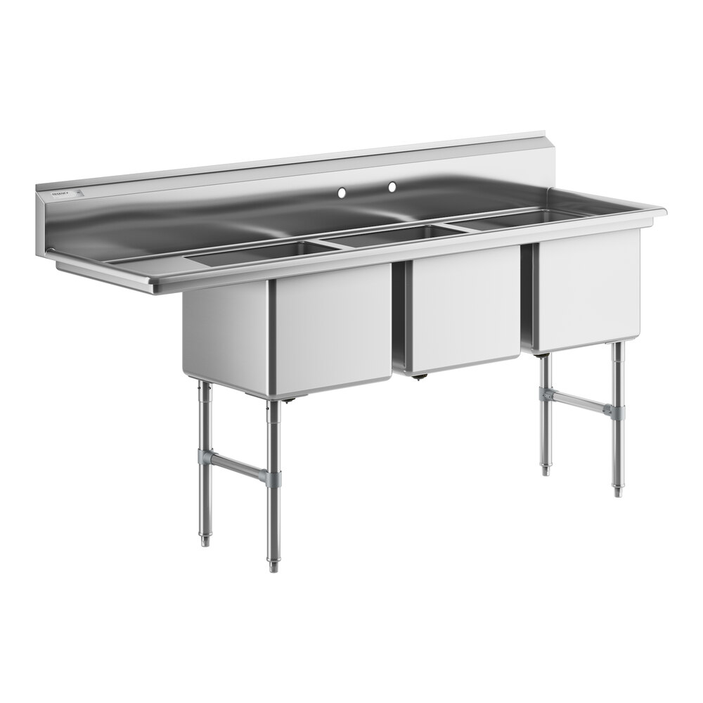 Regency 78 1/2" 16 Gauge Stainless Steel Three Compartment Commercial Sink with Stainless Steel Legs, Cross Bracing, and 1 Drainboard - 18" x 18" x 14" Bowls - Left Drainboard