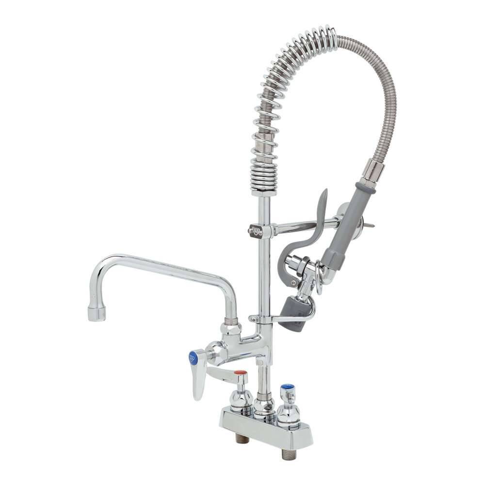 T&S MPJ-4CLN-08-CR EasyInstall Deck Mounted Pre-Rinse Faucet with 4" Centers, 24" Hose, 8" Add-On Faucet, 1.07 GPM Spray Valve, and Cerama Cartridges