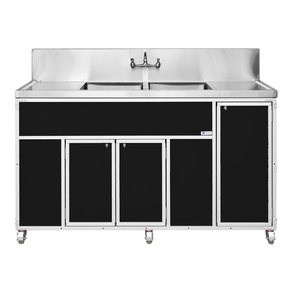 Monsam PSE-2002LA-BLACK Black Double Deep Basin Portable Commercial Sink with 2 Drainboards