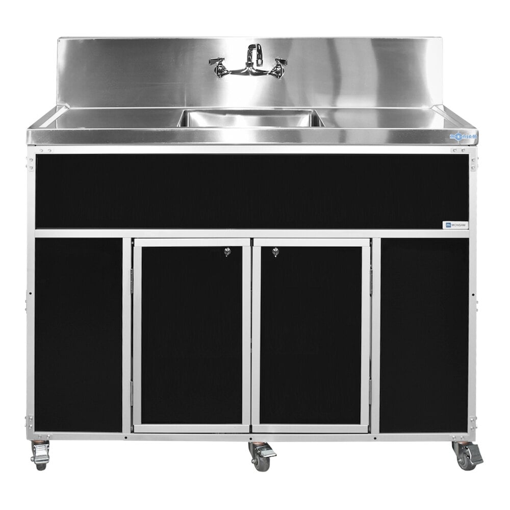 Monsam PSE-2001LA-BLACK Black Single Deep Basin Portable Commercial Sink with 2 Drainboards