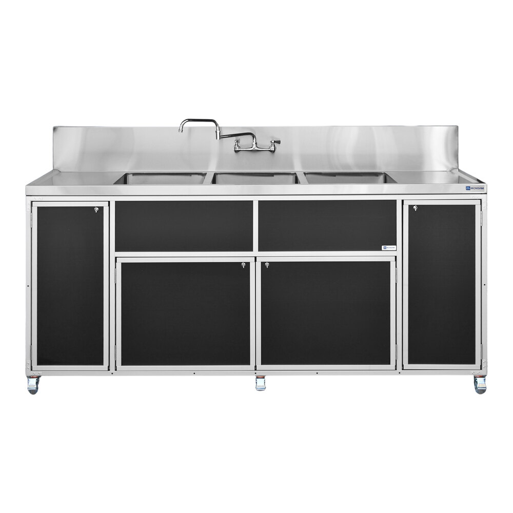 Monsam PSE-2003LA-BLACK Black Three Deep Basin Portable Commercial Sink with 2 Drainboards
