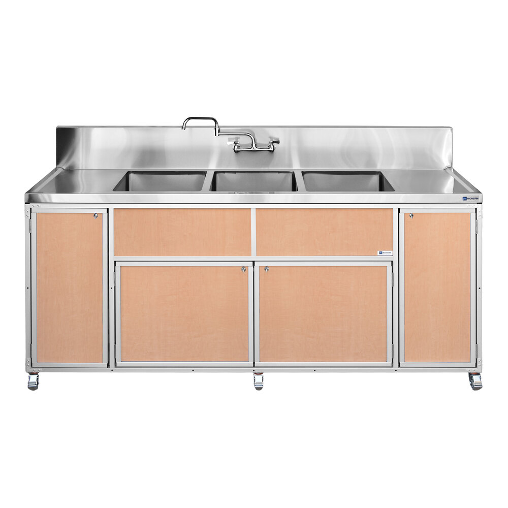Monsam PSE-2003LA-MAPLE Maple Three Deep Basin Portable Commercial Sink with 2 Drainboards