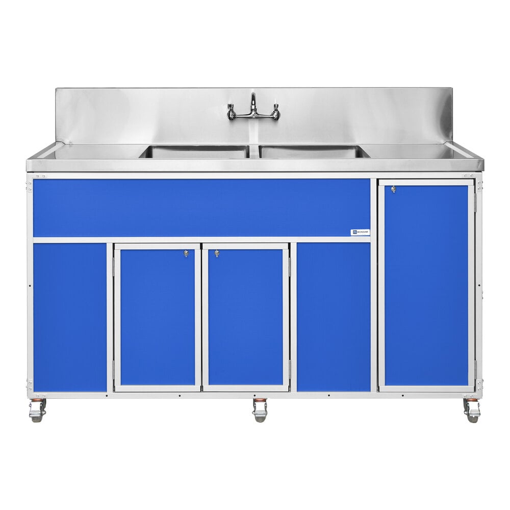Monsam PSE-2002LA-BLUE Blue Double Deep Basin Portable Commercial Sink with 2 Drainboards