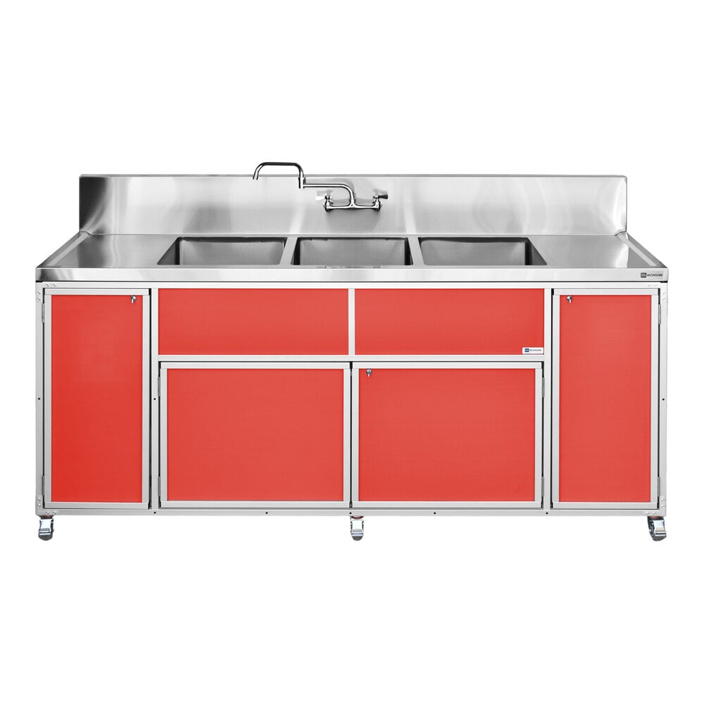 Monsam PSE-2003LA-RED Red Three Deep Basin Portable Commercial Sink with 2 Drainboards