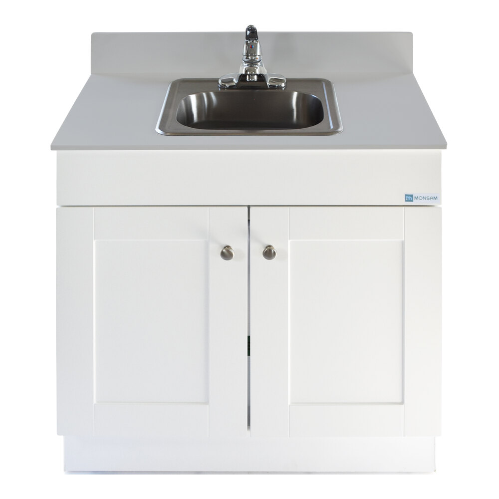 Monsam PSW-007M Single Basin Portable Self-Contained Sink with White Wood Cabinet