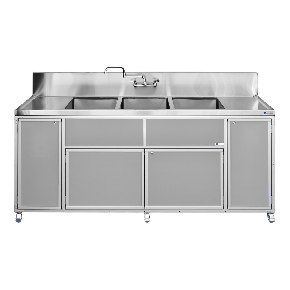 Monsam PSE-2003LA-GRAY Gray Three Deep Basin Portable Commercial Sink with 2 Drainboards