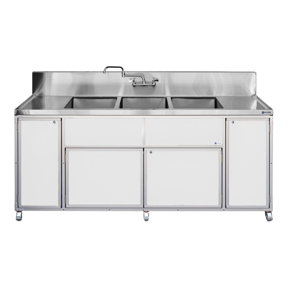 Monsam PSE-2003LA-WHITE White Three Deep Basin Portable Commercial Sink with 2 Drainboards