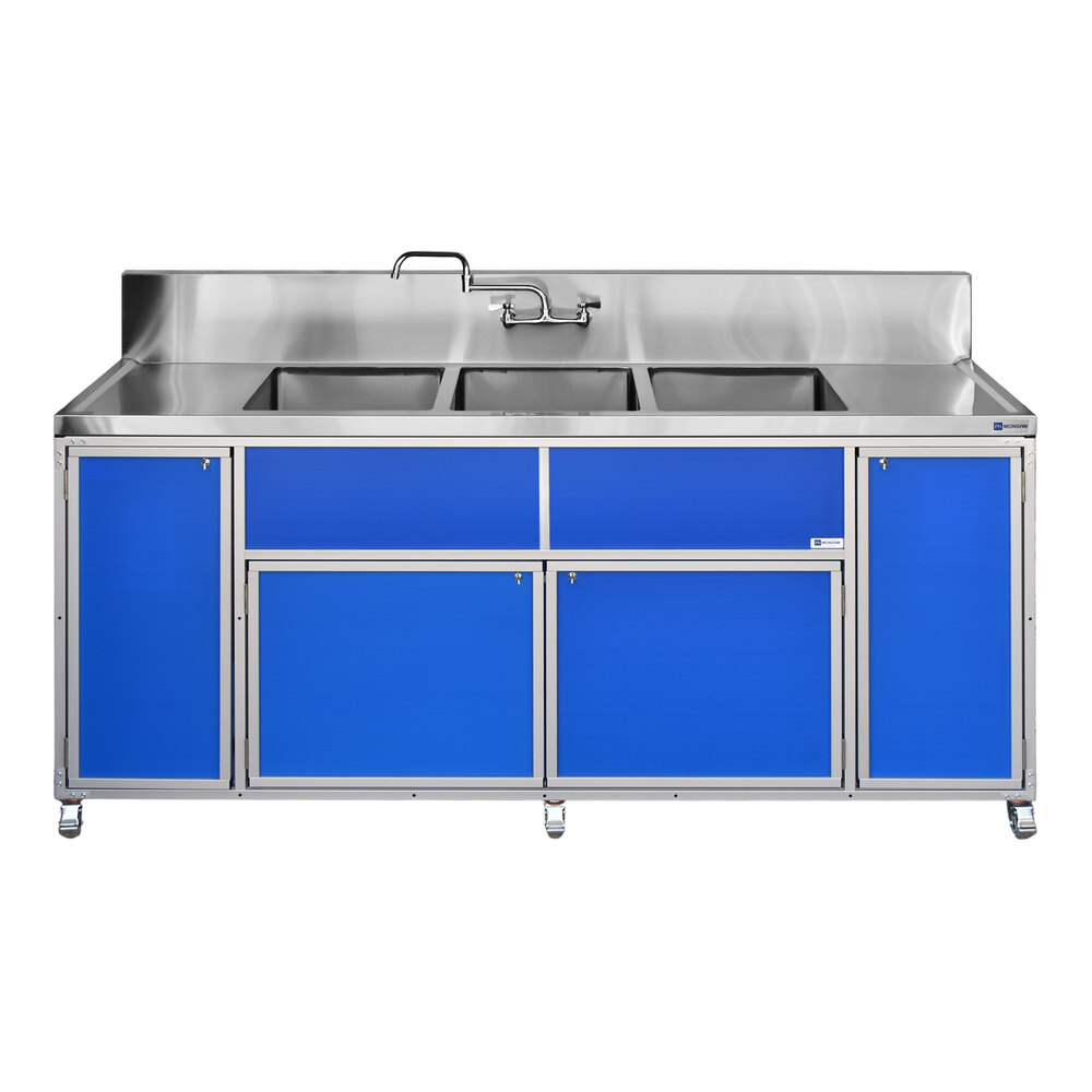 Monsam PSE-2003LA-BLUE Blue Three Deep Basin Portable Commercial Sink with 2 Drainboards