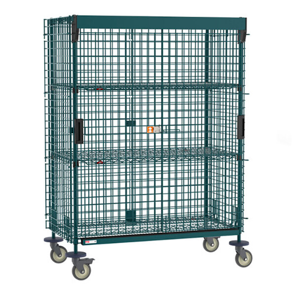 Metro SEC55VK3-SL-2EZ Super Erecta 28 1/2" x 52 3/4" x 68 1/2" Metroseal Green Epoxy Mobile Security Unit with SlideSecure Sliding Doors, Polymer Horn Casters, and 2 EZ-ADD Shelves