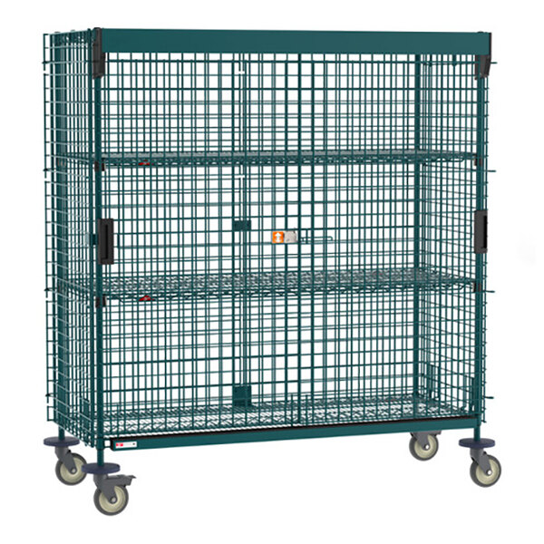 Metro SEC56VK3-SL-2EZ Super Erecta 28 1/2" x 65" x 68 1/2" Metroseal Green Epoxy Mobile Security Unit with SlideSecure Sliding Doors, Polymer Horn Casters, and 2 EZ-ADD Shelves