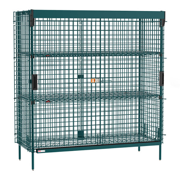Metro SEC56K3-SL-2EZ Super Erecta 28 1/2" x 62 1/2" x 66 13/16" Metroseal Green Epoxy Stationary Security Unit with SlideSecure Sliding Doors and 2 EZ-ADD Shelves
