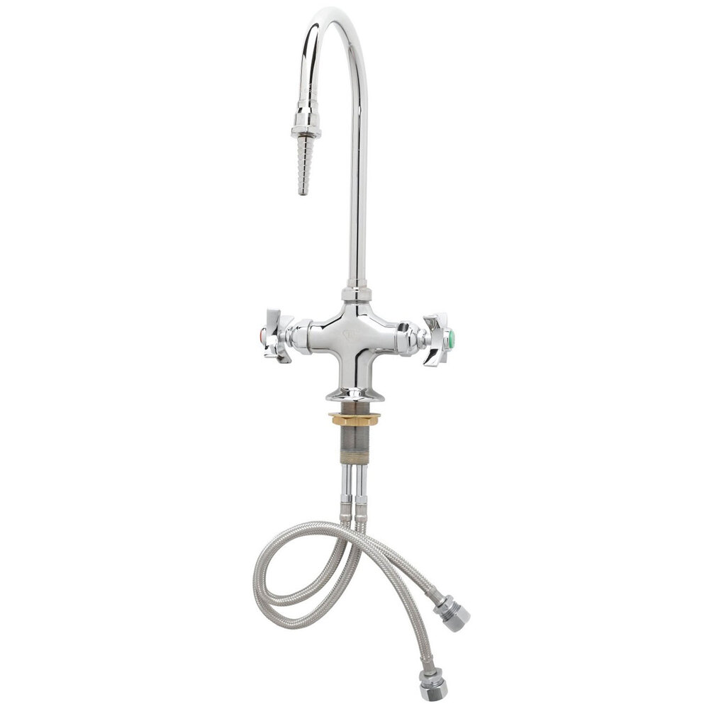 T&S BL-5704-02 Deck Mounted Laboratory Faucet with Flex Inlets, 5 7/8" Swivel Gooseneck Nozzle (Serrated Tip), 4-Arm Handles, and Eterna Cartridges