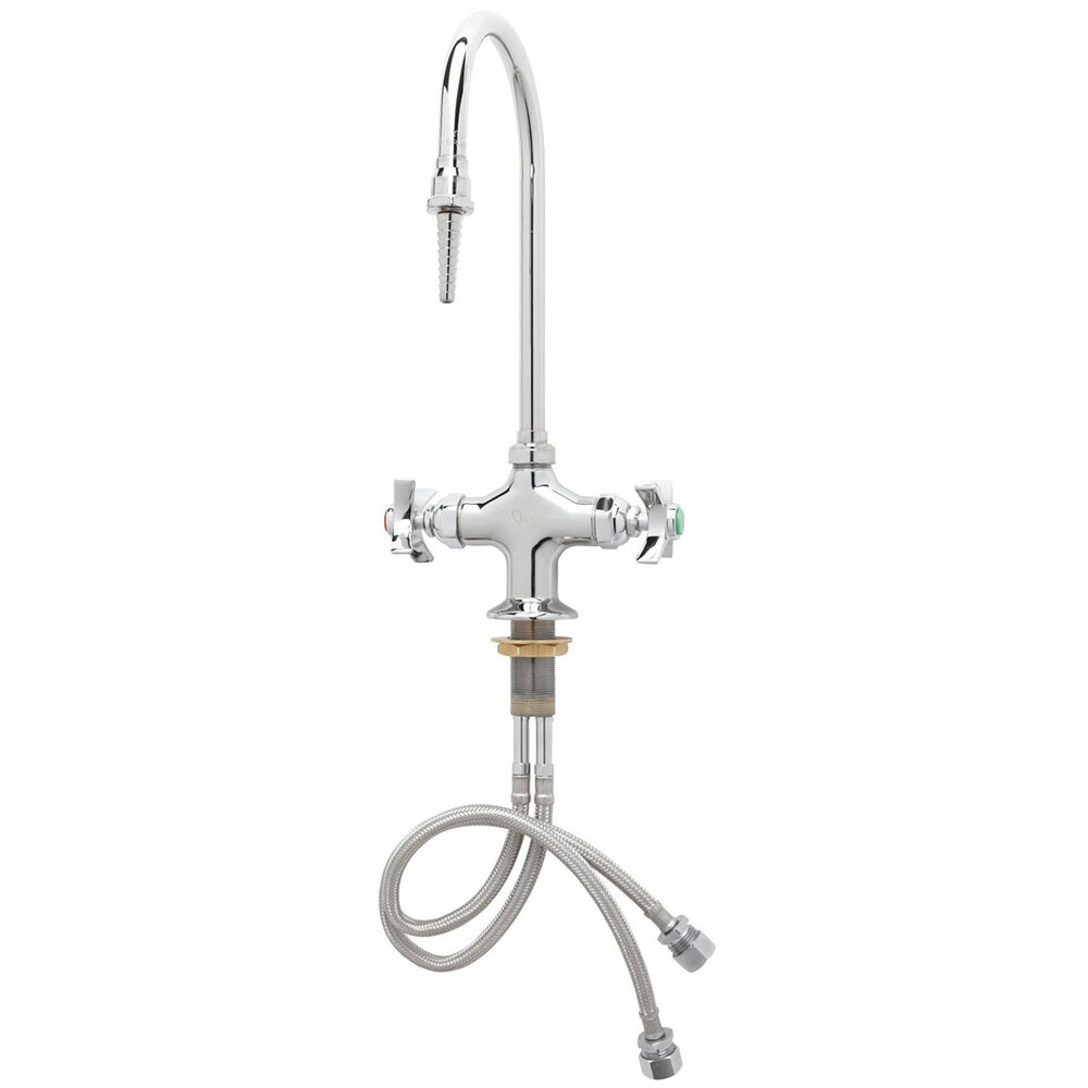 T&S BL-5704-03 Deck Mounted Laboratory Faucet with Flex Inlets, 5 7/8" Swivel Gooseneck Spout (Serrated Tip), 4-Arm Handles, Eterna Cartridges, and Conversion Washer