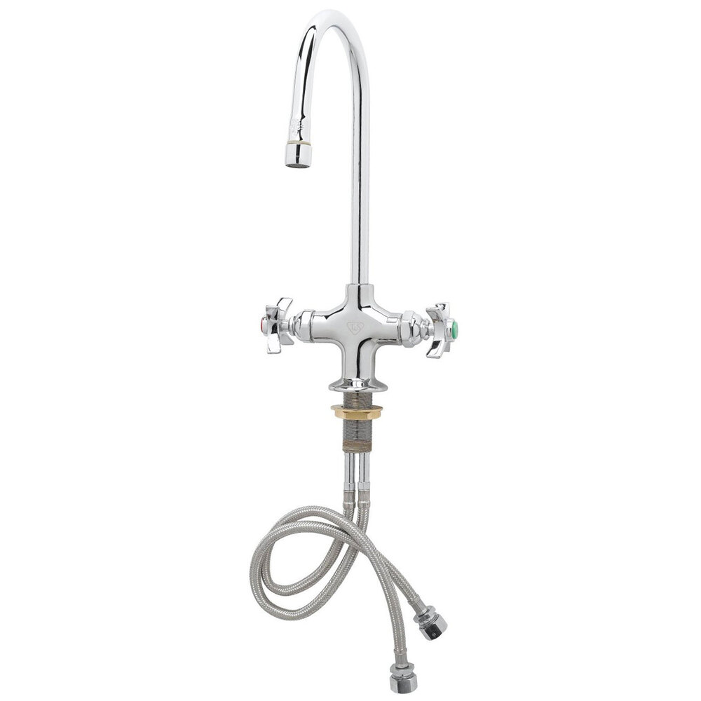 T&S BL-5704-05 Deck Mounted Laboratory Faucet with Flex Inlets, 5 3/4" Swivel Gooseneck Spout, 4" Wrist Action Handles, and 1/4 Turn Eterna Cartridges