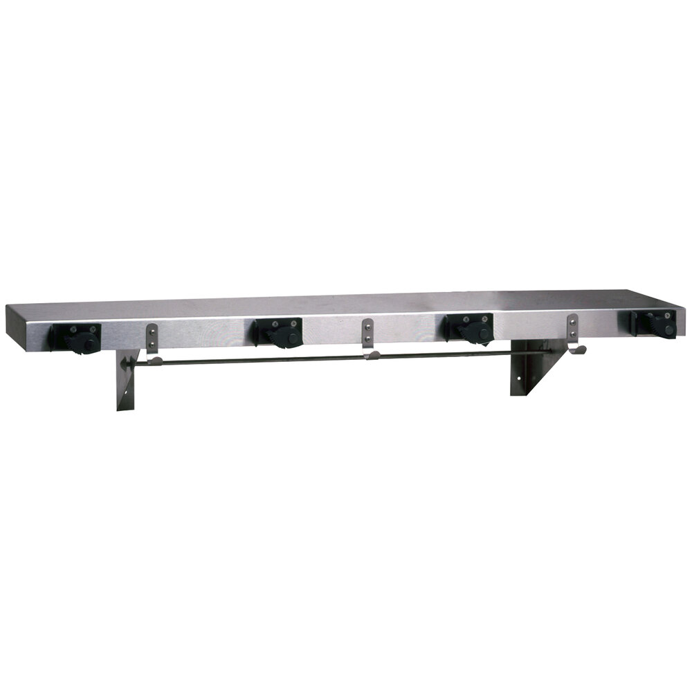 Bobrick B-224 36" Stainless Steel Shelf with 4 Broom Holders and Rag Hooks - 36" x 8"